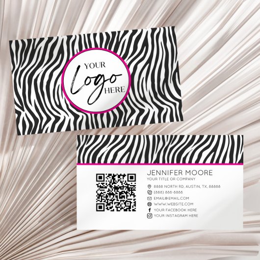 Roze Zebraprint Aangepast Bedrijfslogo QR-code Visitekaartje