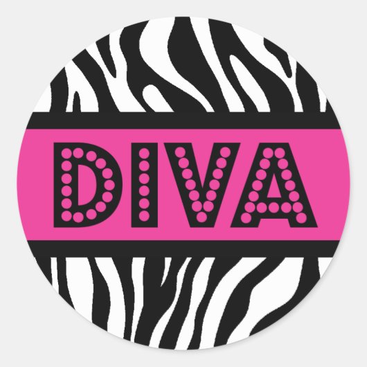 Roze & Zebraprint DIVA-typografie-feeststicker Ronde Sticker (Voorkant)