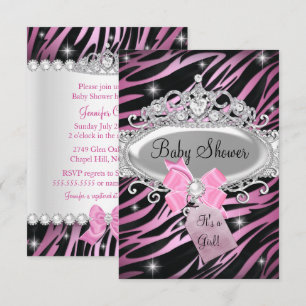 Roze zebraprint & prinsessen tiara babyshower kaart