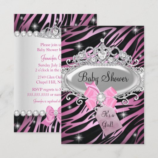 Roze zebraprint & prinsessen tiara babyshower kaart (Voorkant / Achterkant)