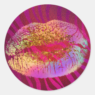 Roze zebraprint regenboog gouden glitters lippen f ronde sticker