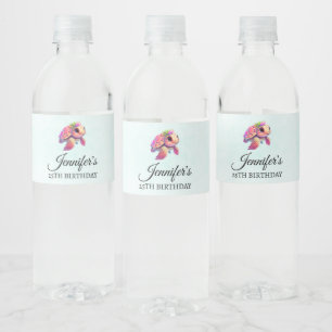 Roze Zee Turtle Whimsical & Cute Party Waterfles Etiket