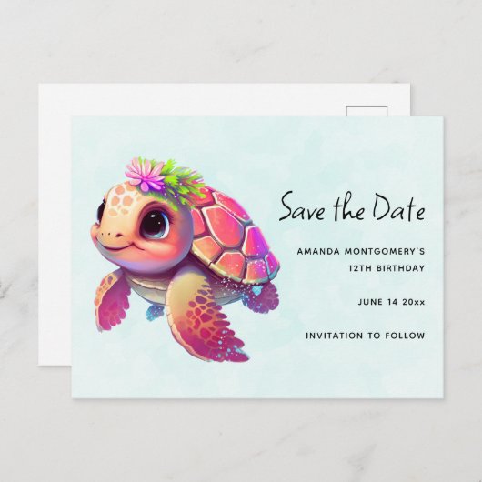 Roze Zee Turtle Whimsical & Cute Save the Date Uitnodiging Briefkaart (Voorkant / Achterkant)