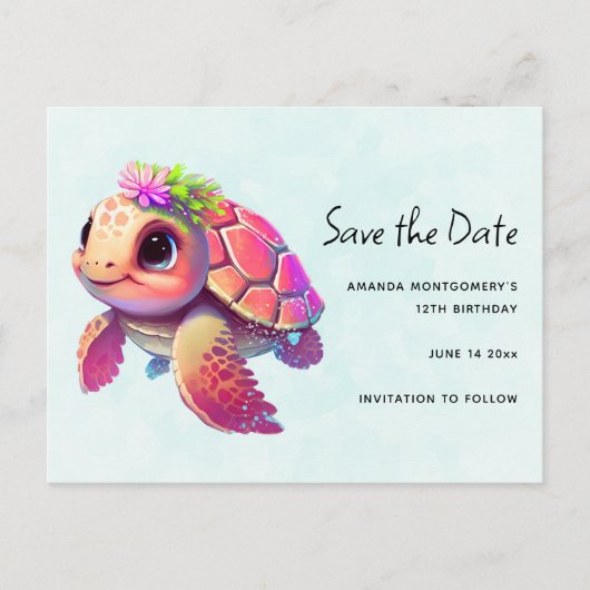 Roze Zee Turtle Whimsical & Cute Save the Date Uitnodiging Briefkaart (Voorkant)