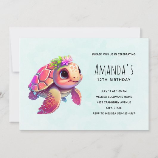 Roze Zee Turtle Whimsical & Leuke Verjaardag Kaart (Voorkant)