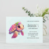 Roze Zee Turtle Whimsical & Leuke Verjaardag Kaart (Staand voorkant)