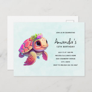 Roze Zee Turtle Whimsical & Leuke Verjaardag Uitnodiging Briefkaart