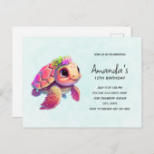 Roze Zee Turtle Whimsical & Leuke Verjaardag Uitnodiging Briefkaart (Voorkant / Achterkant)