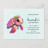 Roze Zee Turtle Whimsical & Leuke Verjaardag Uitnodiging Briefkaart (Voorkant)