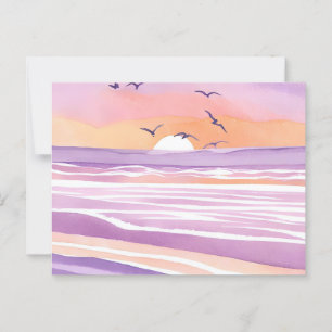 Roze zeeën   Aquarel zonsondergang oceaan golven Briefkaart