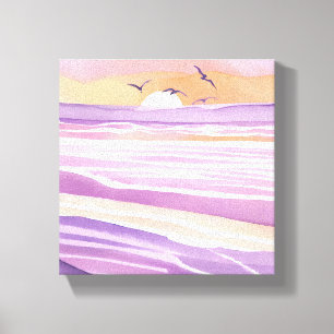 Roze zeeën   Aquarel zonsondergang oceaan golven Canvas Afdruk
