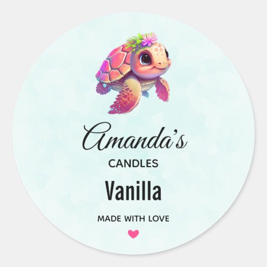Roze Zeeen schildpad grillig & schattig - Candle B Ronde Sticker (Voorkant)