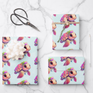 Roze Zeeen schildpad grillig & schattig Inpakpapier Vel