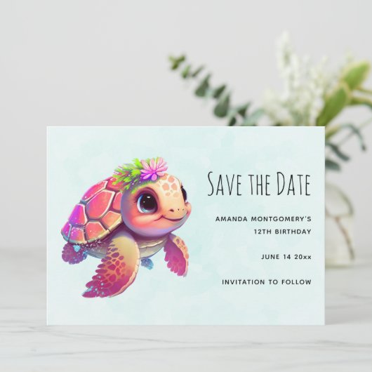 Roze Zeeen schildpad grillig & schattig Save The Date (Staand voorkant)