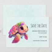 Roze Zeeen schildpad grillig & schattig Save The Date (Voorkant / Achterkant)