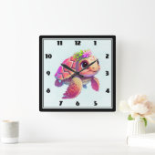 Roze Zeeen schildpad grillig & schattig Vierkante Klok (Huis)