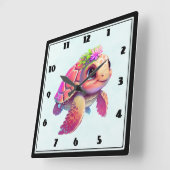 Roze Zeeen schildpad grillig & schattig Vierkante Klok (Hoek)