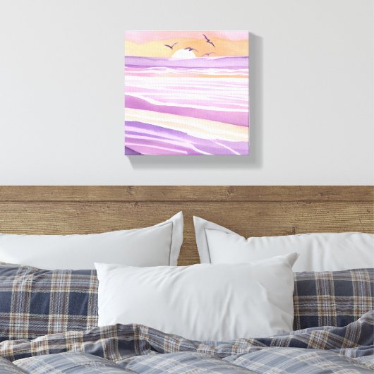 Roze Zeeen | Waterverf Sunset Ocean Waves Canvas Afdruk (Insitu (Slaapkamer))