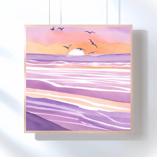 Roze Zeeen | Waterverf Sunset Ocean Waves Perfect Poster