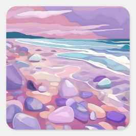 Roze zeeglas op het strand. vierkante sticker