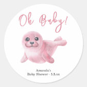 Roze Zeehond Baby Shower Ronde Sticker (Voorkant)