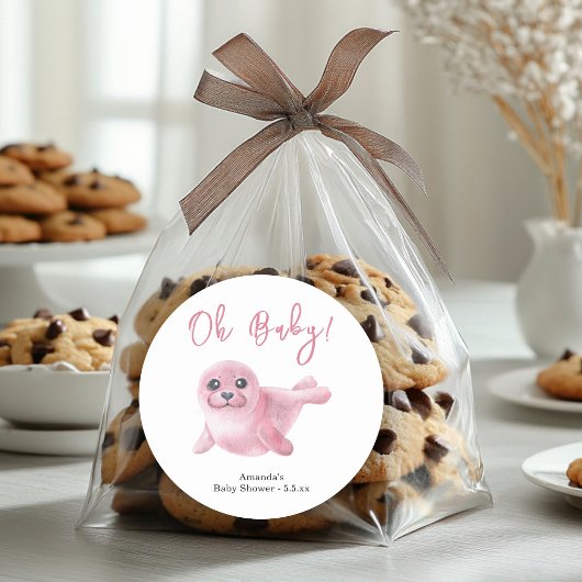 Roze Zeehond Baby Shower Ronde Sticker