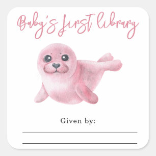 Roze zeehond - baby's eerste bibliotheek vierkante sticker