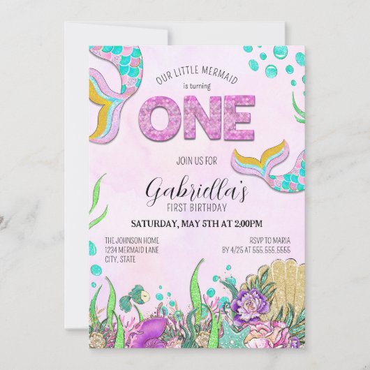 Roze Zeemeermin 1e verjaardag Kaart (Voorkant)