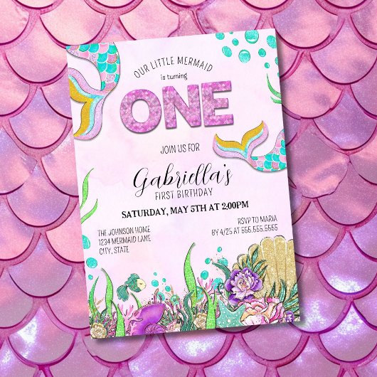 Roze Zeemeermin 1e verjaardag Kaart