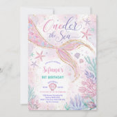 Roze Zeemeermin 1e Verjaardag Oneder het Zee Feest Kaart (Voorkant)