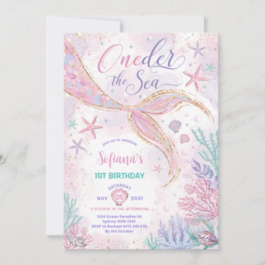 Roze Zeemeermin 1e Verjaardag Oneder het Zee Feest Kaart (Voorkant)