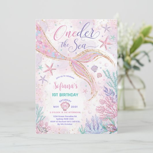 Roze Zeemeermin 1e Verjaardag Oneder het Zee Feest Kaart (Staand voorkant)