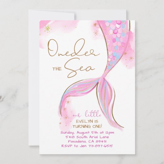 Roze Zeemeermin 1e Verjaardagsfeestje ONEder De Ze Kaart (Voorkant)