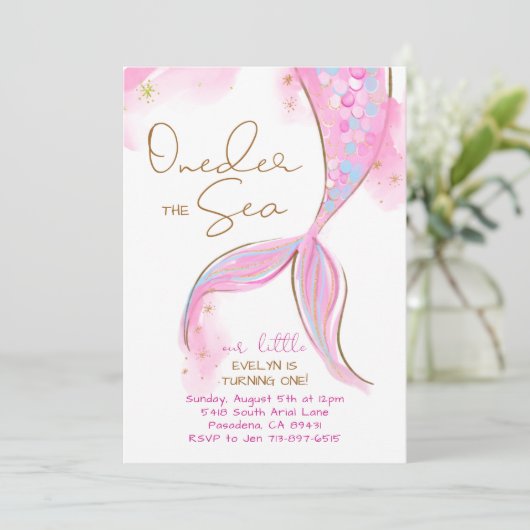 Roze Zeemeermin 1e Verjaardagsfeestje ONEder De Ze Kaart (Staand voorkant)