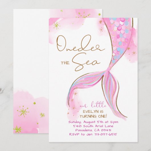 Roze Zeemeermin 1e Verjaardagsfeestje ONEder De Ze Kaart (Voorkant / Achterkant)