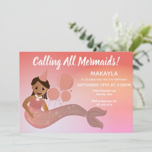 Roze Zeemeermin Afro-Amerikaanse verjaardagsfeestj Kaart (Staand voorkant)