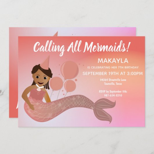 Roze Zeemeermin Afro-Amerikaanse verjaardagsfeestj Kaart (Voorkant / Achterkant)