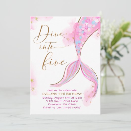 Roze Zeemeermin Duik in Vijf 5e Verjaardagsfeestje Kaart (Staand voorkant)