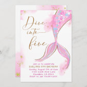 Roze Zeemeermin Duik in Vijf 5e Verjaardagsfeestje Kaart (Voorkant / Achterkant)