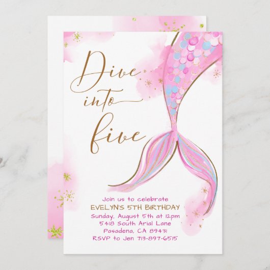 Roze Zeemeermin Duik in Vijf 5e Verjaardagsfeestje Kaart (Voorkant / Achterkant)