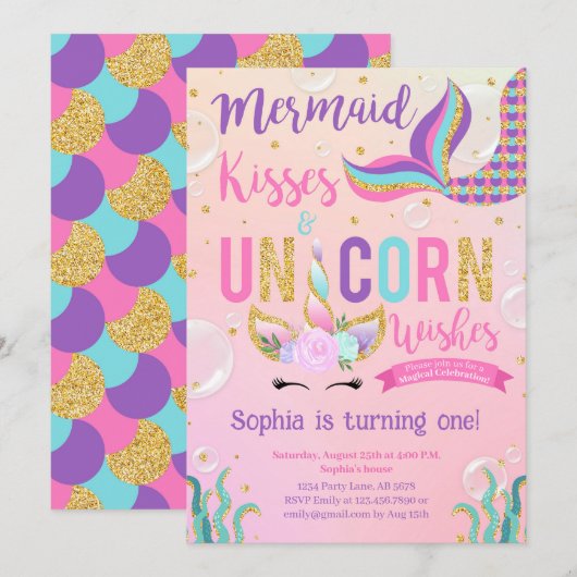 Roze Zeemeermin & Eenhoorn Verjaardag Kaart (Voorkant / Achterkant)