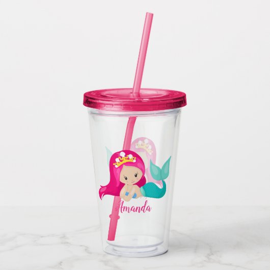  Roze Zeemeermin Gepersonaliseerd Kinder Kind Acryl Drinkbeker (Achterkant)