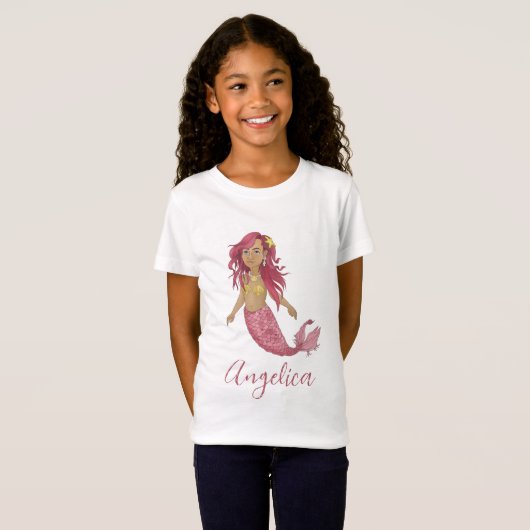  roze zeemeermin Happy Birthday aangepaste naam T-shirt (Voorkant volledig)