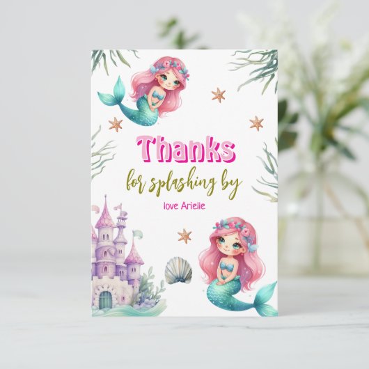 Roze Zeemeermin kasteel verjaardag Bedankkaart (Staand voorkant)