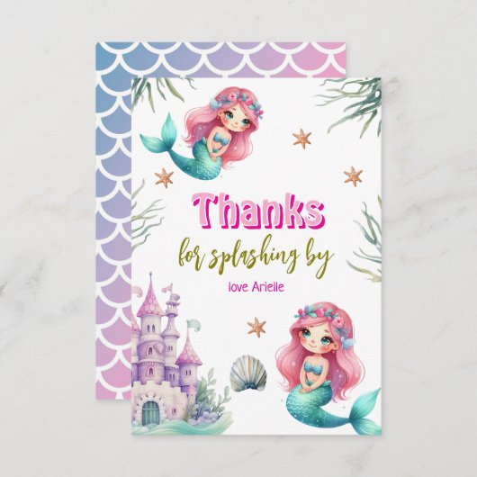 Roze Zeemeermin kasteel verjaardag Bedankkaart (Voorkant / Achterkant)