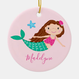 Roze Zeemeermin Kerst Script Naam Keramisch Ornament