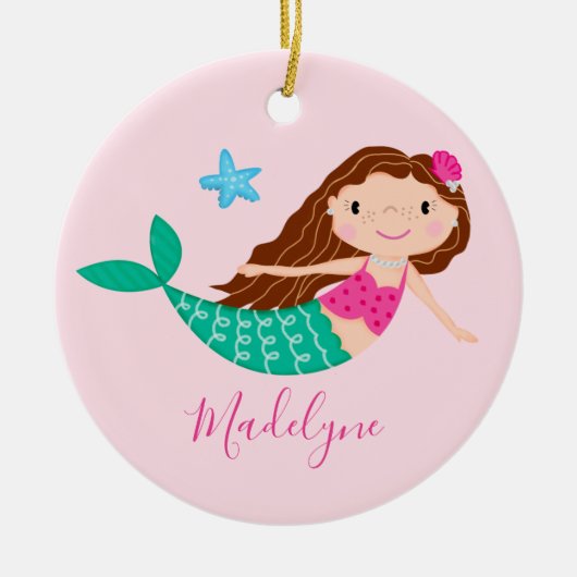 Roze Zeemeermin Kerst Script Naam Keramisch Ornament (Voorkant)