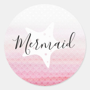 Roze zeemeermin met zeestermokken ronde sticker