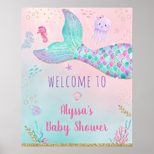 Roze zeemeermin onder het Baby shower Zee Welkom Poster (Voorkant)