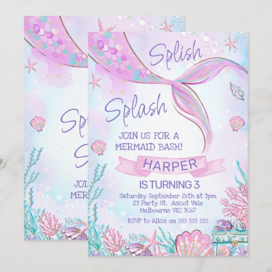 Roze zeemeermin onder Zee van de geboorte Kaart (Voorkant / Achterkant)